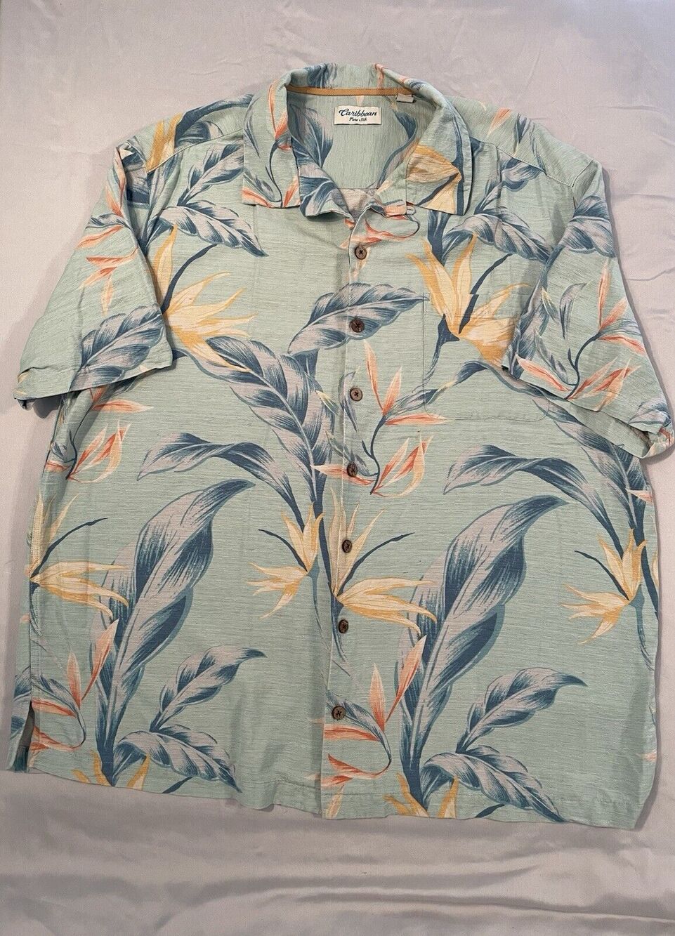 Caribbean Shirt Men 2XB Blue Hawaiian Floral 100 % Silk